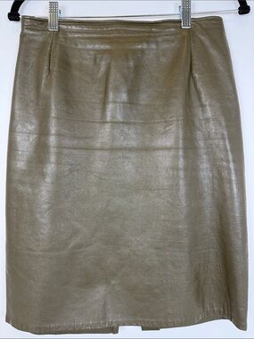 ✨80s 90s Vintage Firenze Santa Barbara Olive Green Genuine Leather Skirt Size 8